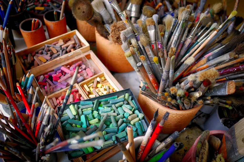 brushes, chalks, colorful