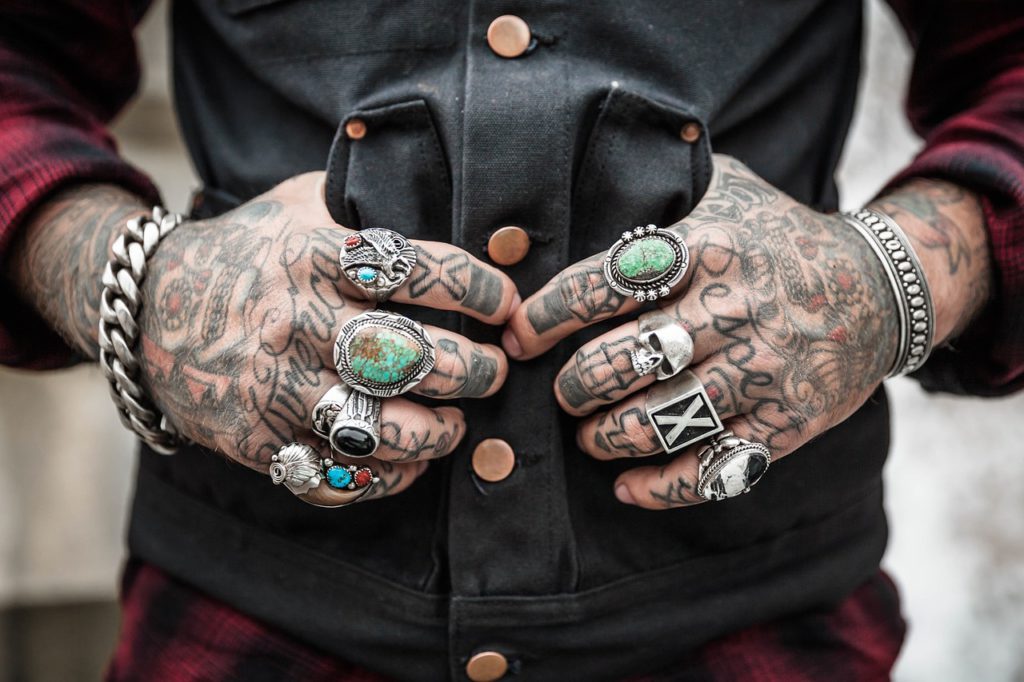 hands, tattoos, rings